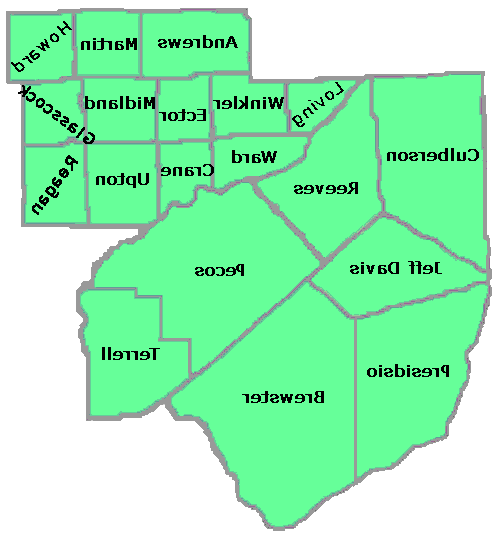 Texas Education Agency Educational Service Center Region 18 Map including Andrews, Martin, Howard, Culberson, Reeves, Loving, Winkler, Ector, Midland, Glasscock, Ward, Crane, Upton, Reagan, Jeff Davis, Pecos, Presidio, Brewster, and Terrell counties